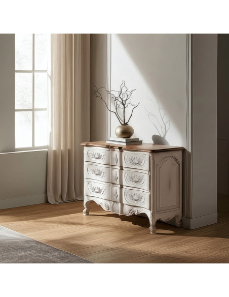 Grande Commode vintage 3 tiroirs en Bois de mindi Blanc crème Vieilli Naturel Naia - 1