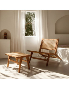Repose-pieds moderne en Bois de teck Rotin Naturel Cannage Bayo - 1