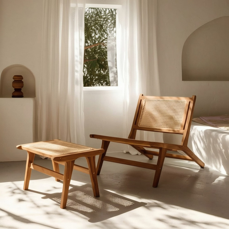 Repose-pieds moderne en Bois de teck Rotin Naturel Cannage Bayo - 1