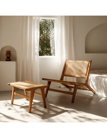 Repose-pieds moderne en Bois de teck Rotin Naturel Cannage Bayo - 1