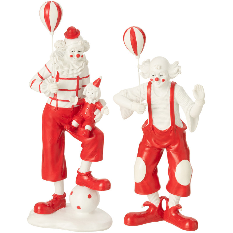 Grandes Statuettes déco Clowns avec ballons Hauteur 24 cm en Résine Rouge Blanc Circusio (Lot de 2) - 1