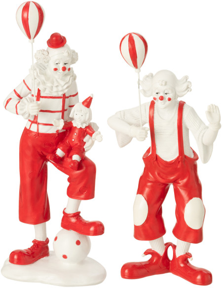 Grandes Statuettes déco Clowns avec ballons Hauteur 24 cm en Résine Rouge Blanc Circusio (Lot de 2) - 1