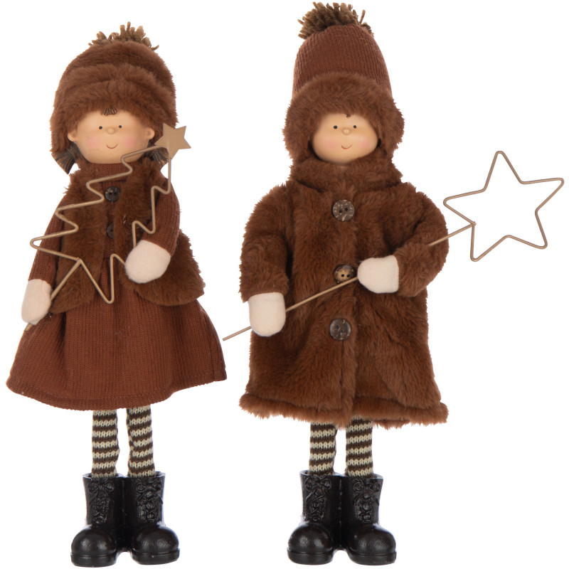 Grandes Figurines décoratives Noël Enfants Étoile & Sapin Hauteur 36 cm en Tissu Marron foncé Résine Hiverlins (Lot de 2) - 1
