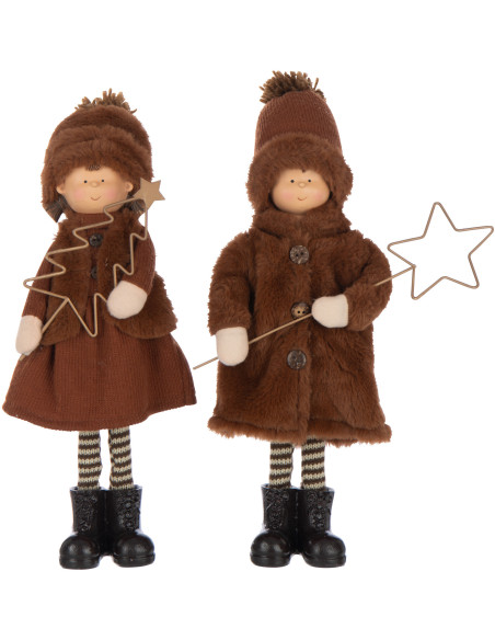 Grandes Figurines décoratives Noël Enfants Étoile & Sapin Hauteur 36 cm en Tissu Marron foncé Résine Hiverlins (Lot de 2) - 1