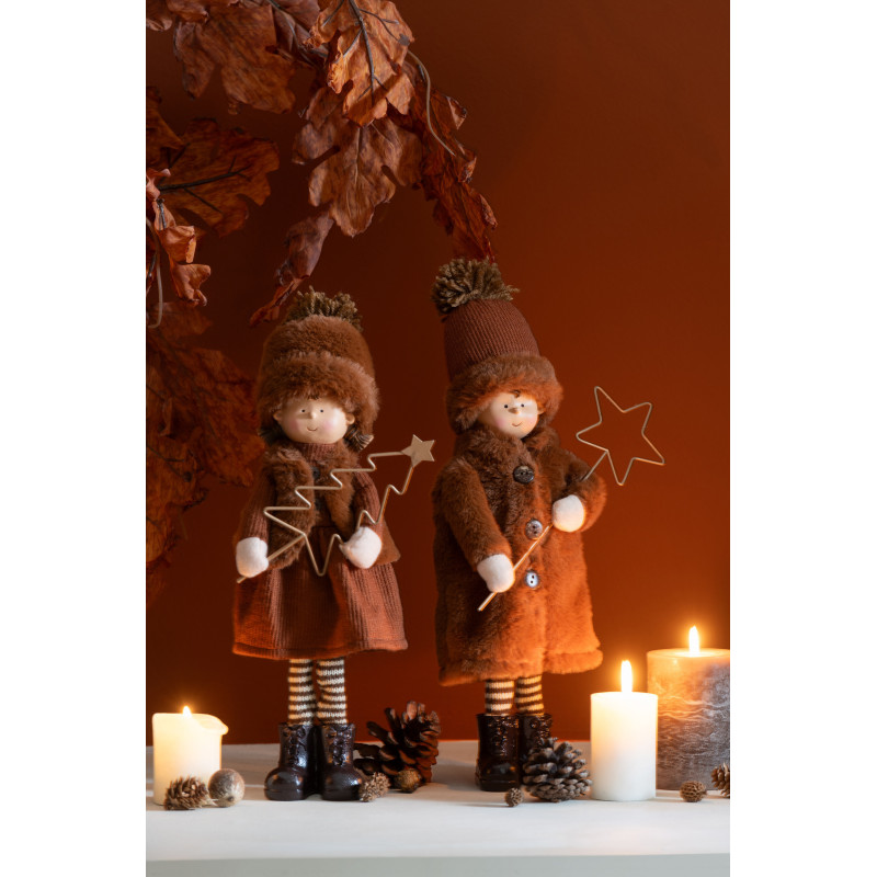 Grandes Figurines décoratives Noël Enfants Étoile & Sapin Hauteur 36 cm en Tissu Marron foncé Résine Hiverlins (Lot de 2) - 2