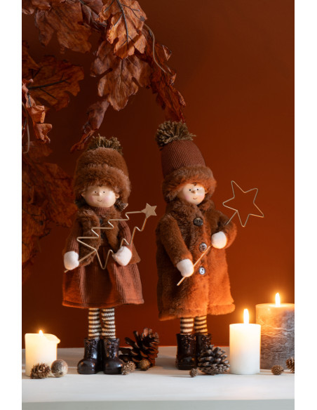Grandes Figurines décoratives Noël Enfants Étoile & Sapin Hauteur 36 cm en Tissu Marron foncé Résine Hiverlins (Lot de 2) - 2