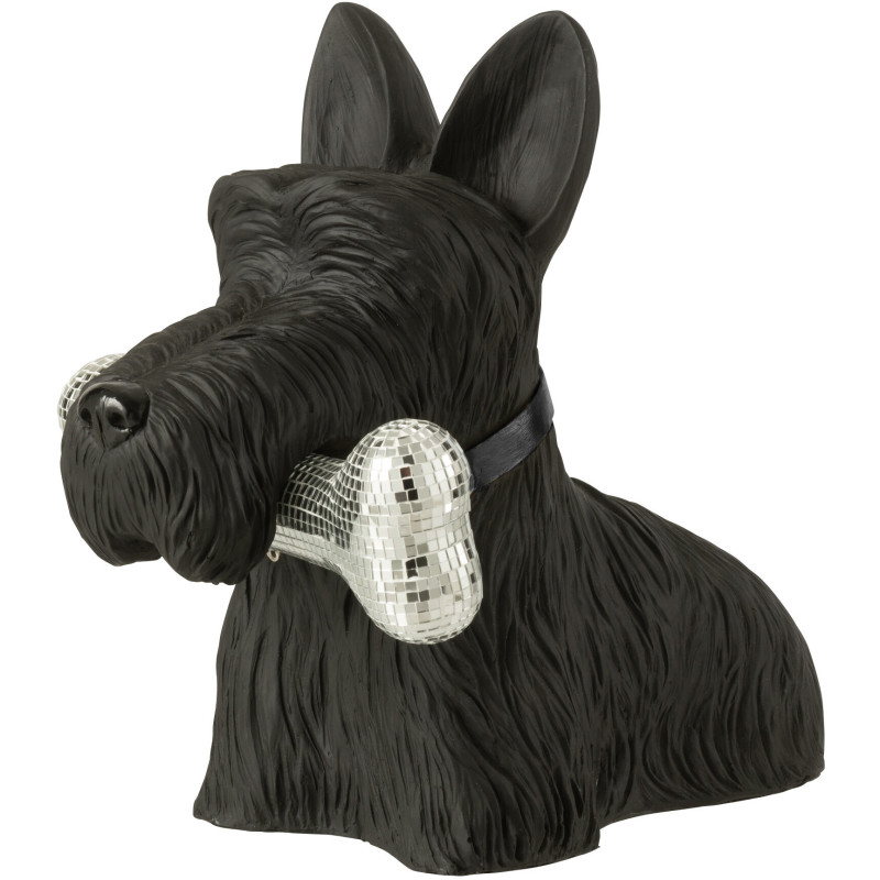Statuette déco moderne chien Terrier avec os Hauteur 34 cm en Résine Noir Miroir Argenté Gatsby - 1