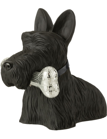 Statuette déco moderne chien Terrier avec os Hauteur 34 cm en Résine Noir Miroir Argenté Gatsby - 1