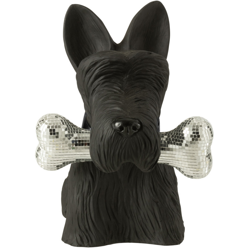 Statuette déco moderne chien Terrier avec os Hauteur 34 cm en Résine Noir Miroir Argenté Gatsby - 3