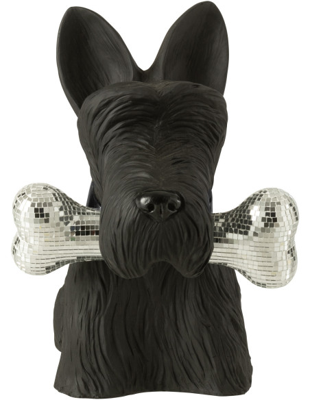 Statuette déco moderne chien Terrier avec os Hauteur 34 cm en Résine Noir Miroir Argenté Gatsby - 3