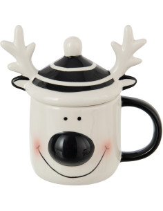 Mug de Noël avec couvercle Renne en Dolomite Blanc Noir Noelya - 1