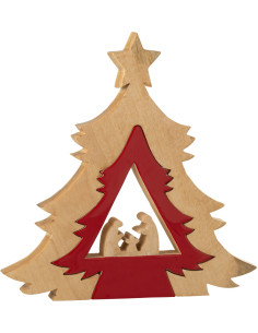 Grande Crèche moderne chic Sapin Puzzle Hauteur 41 cm en Bois de manguier Rouge Naturel Puzzoel - 1