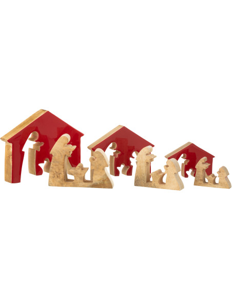 Grande Crèche déco moderne Puzzle Hauteur 22 cm en Bois de manguier Rouge Naturel Puzzoel - 4