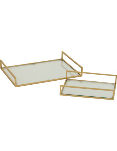 Plateau de service moderne chic Rectangulaire 2 poignées en Verre Transparent Métal Doré Irinia (Lot de 2) - 1