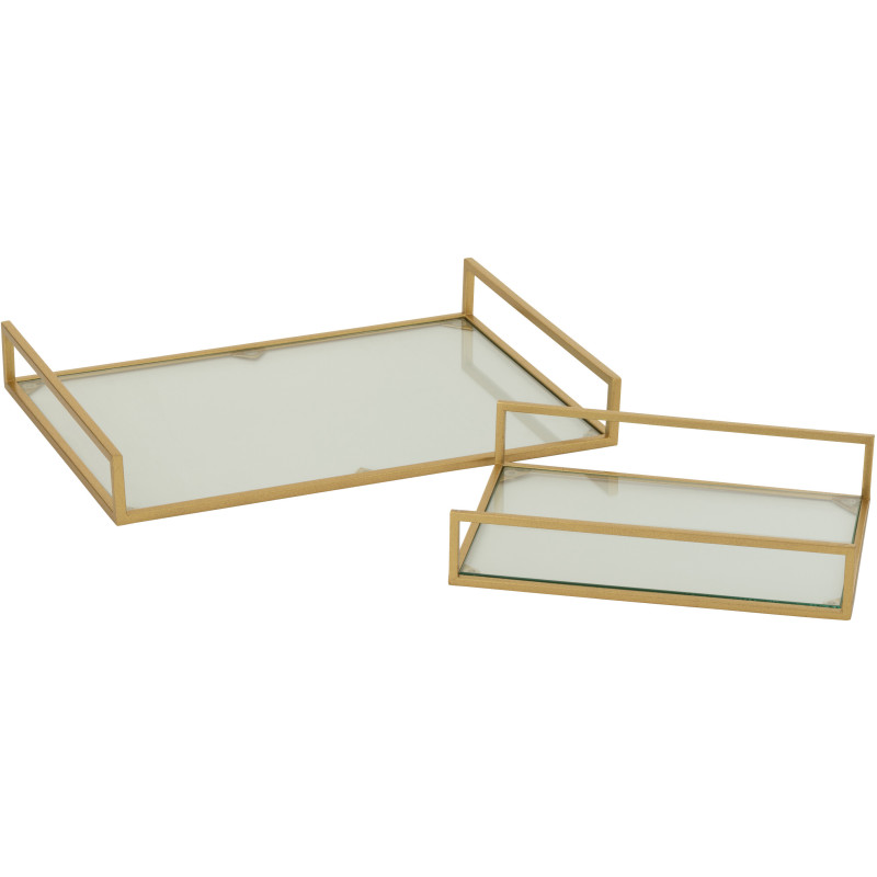 Plateau de service moderne chic Rectangulaire 2 poignées en Verre Transparent Métal Doré Irinia (Lot de 2) - 1