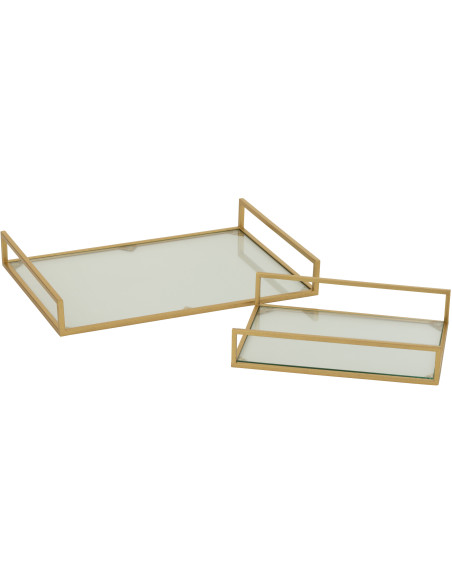 Plateau de service moderne chic Rectangulaire 2 poignées en Verre Transparent Métal Doré Irinia (Lot de 2) - 1