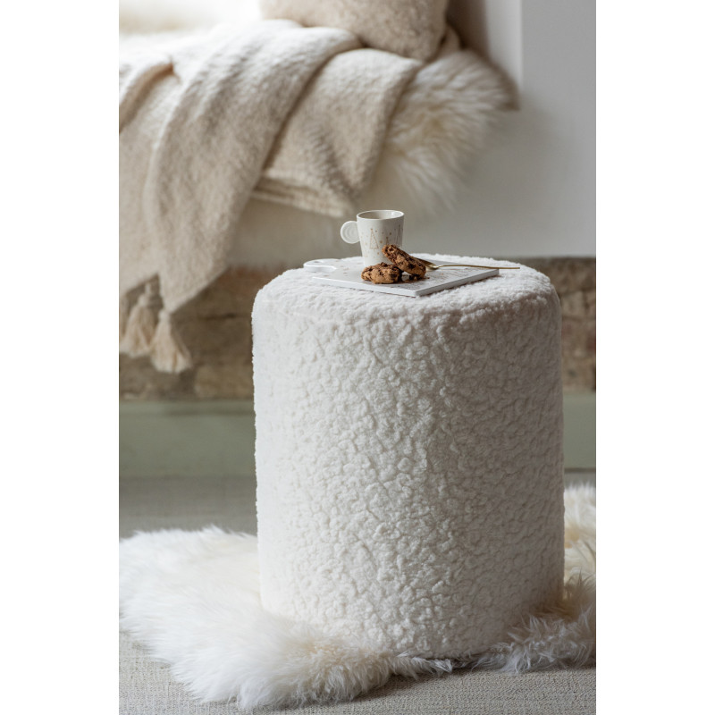 Pouf scandinave bouclette Rond en Tissu Blanc Bouclé Bois MDF Furrya - 2