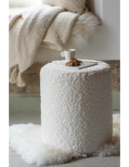 Pouf scandinave bouclette Rond en Tissu Blanc Bouclé Bois MDF Furrya - 2
