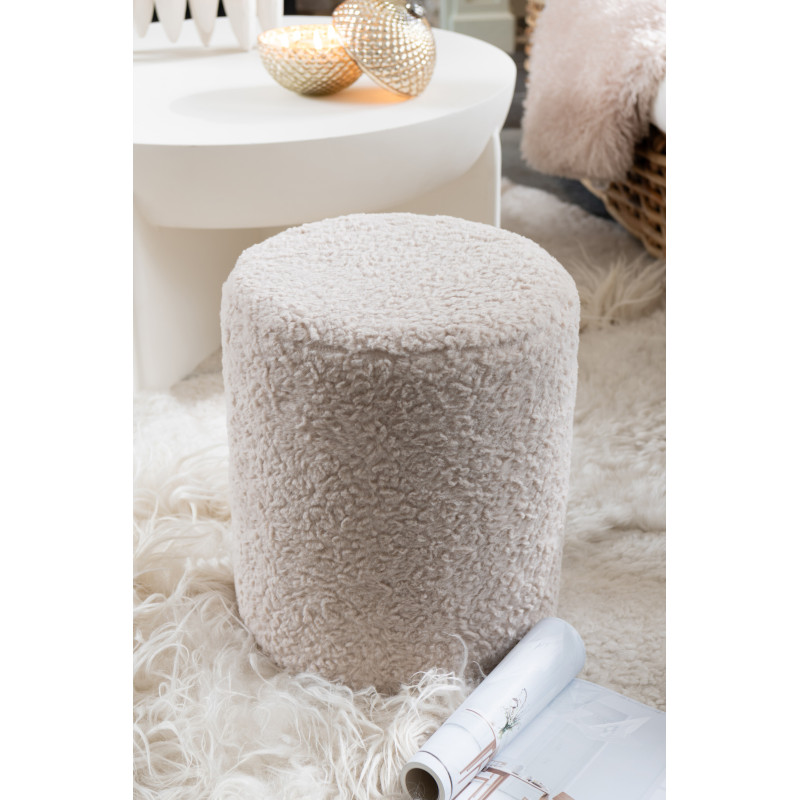 Pouf scandinave bouclette Rond en Tissu Blanc écru Bouclé Bois MDF Furrya - 2