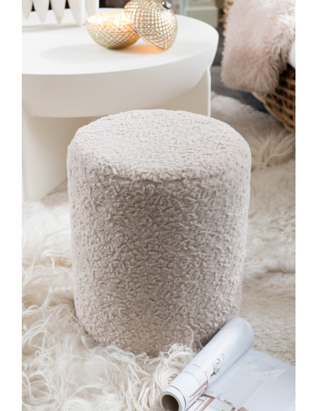 Pouf scandinave bouclette Rond en Tissu Blanc écru Bouclé Bois MDF Furrya - 2