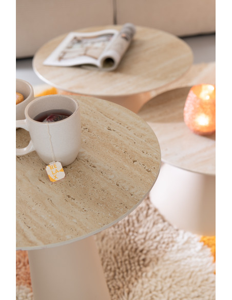 Table d'appoint moderne Ronde en Métal Beige Blanc écru Imitation travertin Maolia - 6