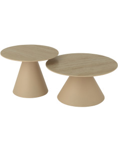 Table basse gigogne moderne Ronde en Métal Beige Blanc écru Imitation travertin Maolia - 1