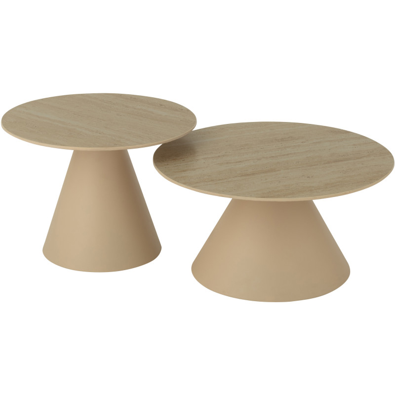 Table basse gigogne moderne Ronde en Métal Beige Blanc écru Imitation travertin Maolia - 1