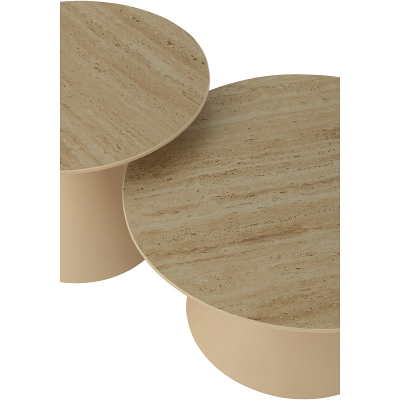 Table basse gigogne moderne Ronde en Métal Beige Blanc écru Imitation travertin Maolia - 4