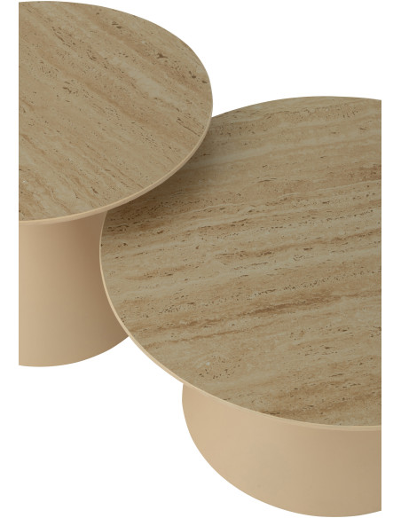 Table basse gigogne moderne Ronde en Métal Beige Blanc écru Imitation travertin Maolia - 4