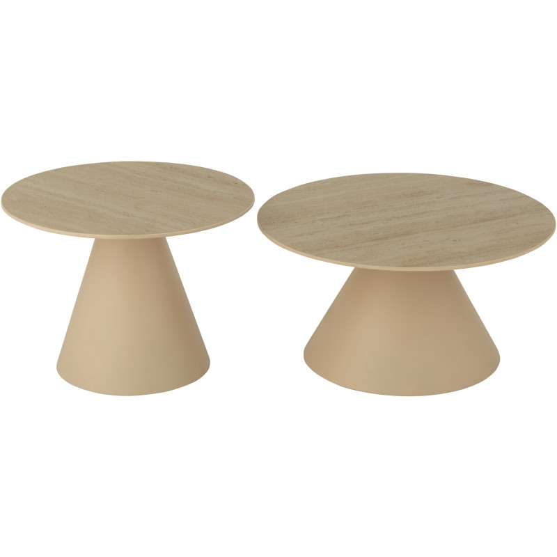 Table basse gigogne moderne Ronde en Métal Beige Blanc écru Imitation travertin Maolia - 5