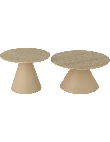 Table basse gigogne moderne Ronde en Métal Beige Blanc écru Imitation travertin Maolia - 5