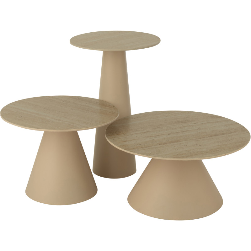 Table basse gigogne moderne Ronde en Métal Beige Blanc écru Imitation travertin Maolia - 6