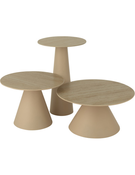 Table basse gigogne moderne Ronde en Métal Beige Blanc écru Imitation travertin Maolia - 6