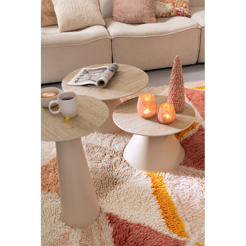 Table basse gigogne moderne Ronde en Métal Beige Blanc écru Imitation travertin Maolia - 7