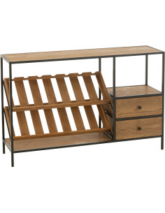 Meuble bar industriel chic 2 tiroirs 2 range-bouteilles en Bois MDF Naturel Métal Noir Wine - 1