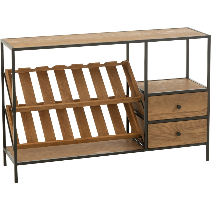 Meuble bar industriel chic 2 tiroirs 2 range-bouteilles en Bois MDF Naturel Métal Noir Wine - 1