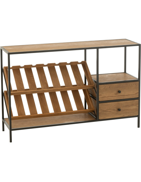 Meuble bar industriel chic 2 tiroirs 2 range-bouteilles en Bois MDF Naturel Métal Noir Wine - 1