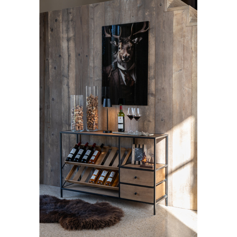 Meuble bar industriel chic 2 tiroirs 2 range-bouteilles en Bois MDF Naturel Métal Noir Wine - 2