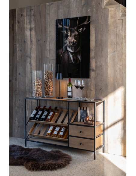 Meuble bar industriel chic 2 tiroirs 2 range-bouteilles en Bois MDF Naturel Métal Noir Wine - 2