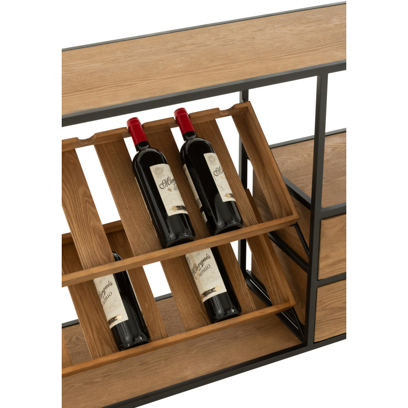 Meuble bar industriel chic 2 tiroirs 2 range-bouteilles en Bois MDF Naturel Métal Noir Wine - 10