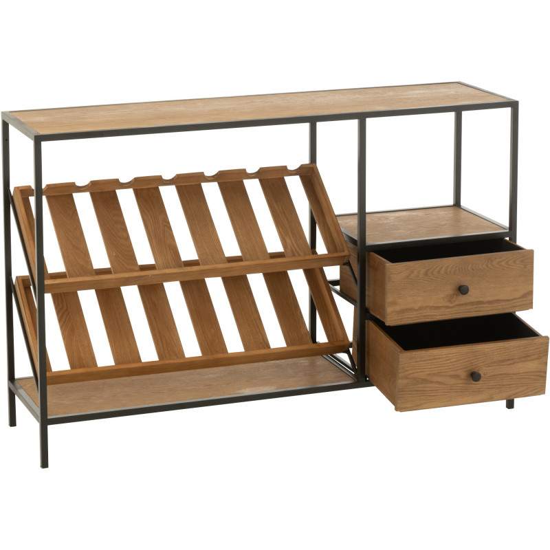 Meuble bar industriel chic 2 tiroirs 2 range-bouteilles en Bois MDF Naturel Métal Noir Wine - 11