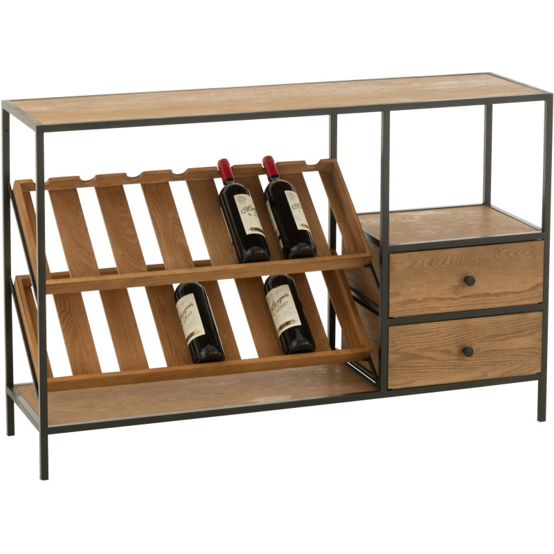 Meuble bar industriel chic 2 tiroirs 2 range-bouteilles en Bois MDF Naturel Métal Noir Wine - 12