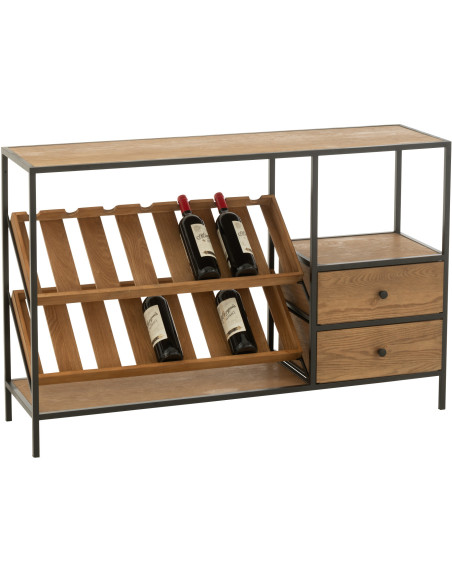 Meuble bar industriel chic 2 tiroirs 2 range-bouteilles en Bois MDF Naturel Métal Noir Wine - 12