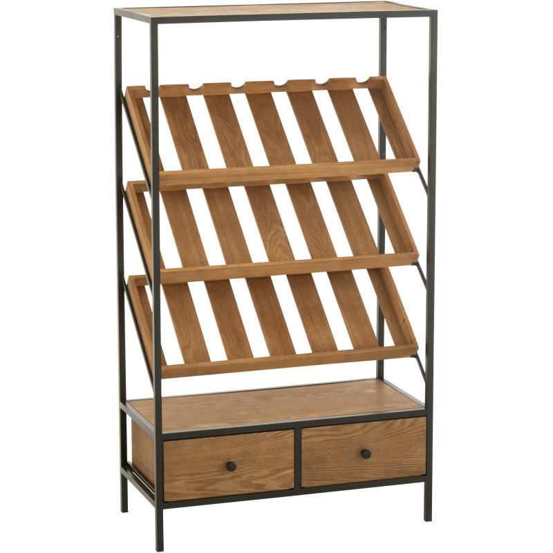 Meuble bar industriel chic 2 tiroirs 3 range-bouteilles en Bois MDF Naturel Métal Noir Wine - 1