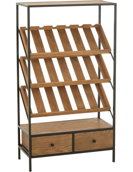 Meuble bar industriel chic 2 tiroirs 3 range-bouteilles en Bois MDF Naturel Métal Noir Wine - 1