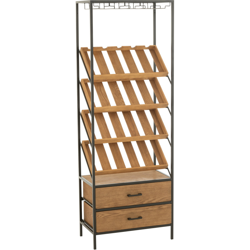 Grand Meuble bar industriel chic 2 tiroirs 4 range-bouteilles en Bois MDF Naturel Métal Noir Wines - 1