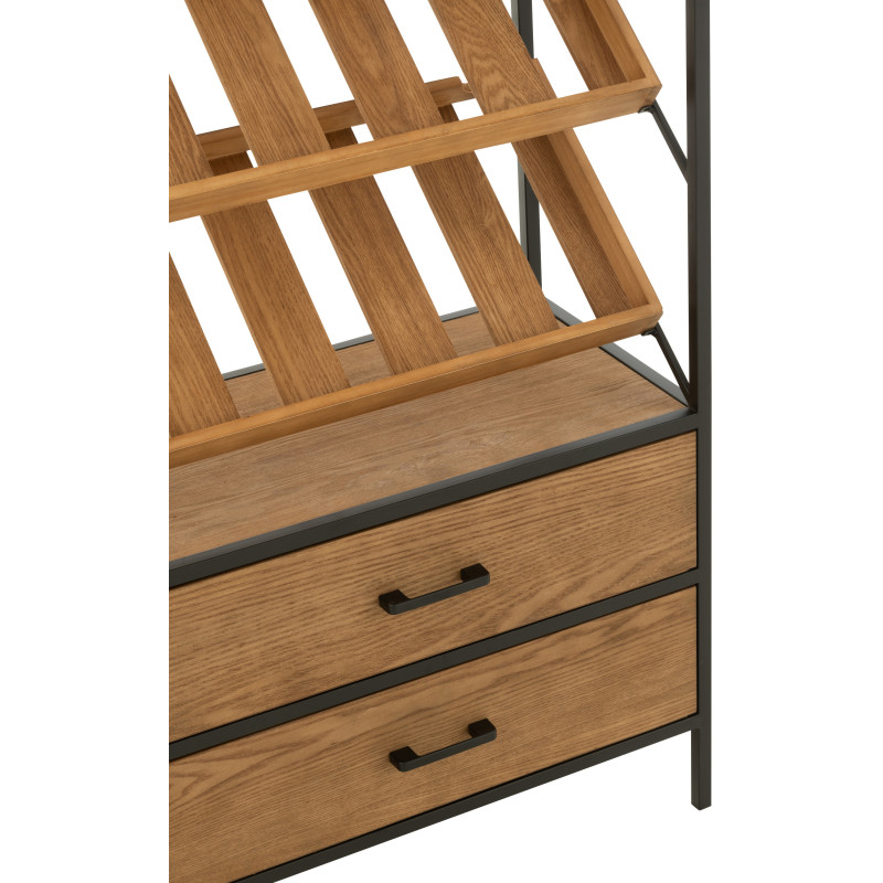 Grand Meuble bar industriel chic 2 tiroirs 4 range-bouteilles en Bois MDF Naturel Métal Noir Wines - 6