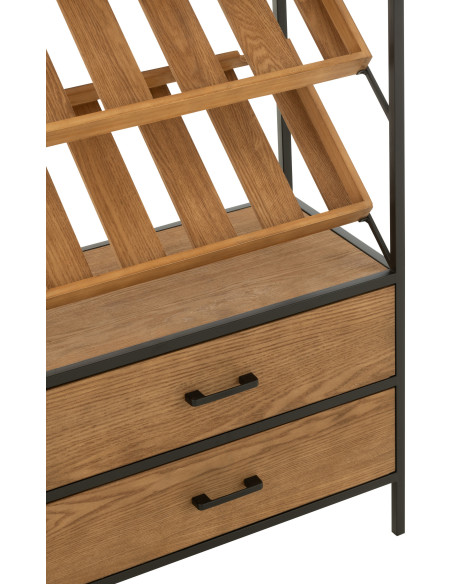 Grand Meuble bar industriel chic 2 tiroirs 4 range-bouteilles en Bois MDF Naturel Métal Noir Wines - 6