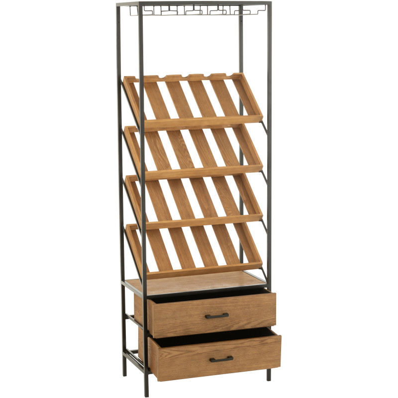 Grand Meuble bar industriel chic 2 tiroirs 4 range-bouteilles en Bois MDF Naturel Métal Noir Wines - 12