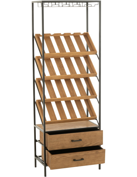 Grand Meuble bar industriel chic 2 tiroirs 4 range-bouteilles en Bois MDF Naturel Métal Noir Wines - 12